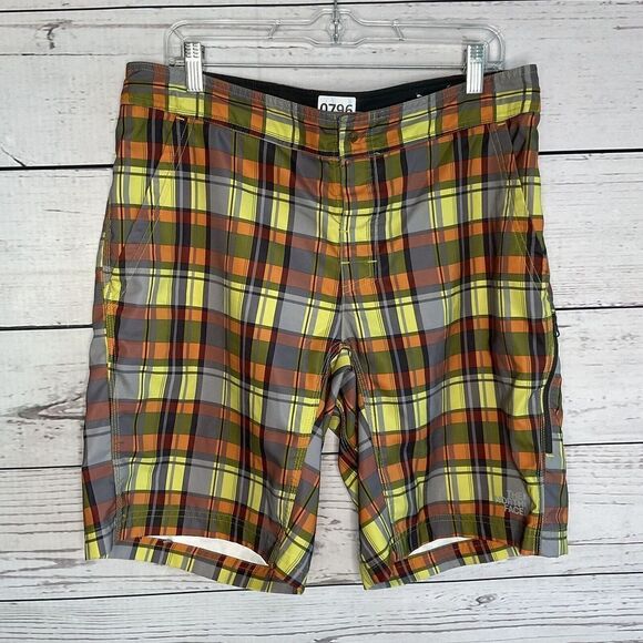 The North Face Mens Board shorts 34 Plaid Orange Yellow‎ Swim Raft Hike Water - Picture 1 of 11